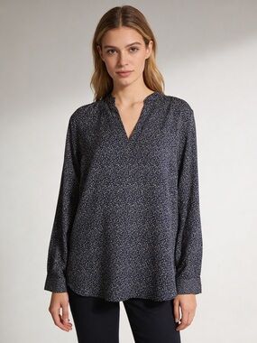 Ann Taylor Floral Blouse Large Black V-Neck Long Sleeve Work Top